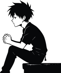 A monochrome illustration of a young anime boy in a pensive pose
