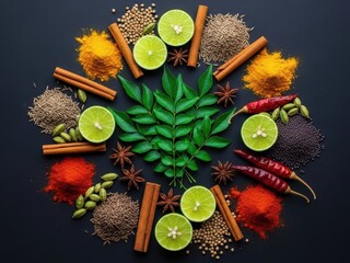 Assortment of fresh spices and herbs arranged in a circular pattern on a dark background. Culinary ingredients for cooking and flavor enhancement.