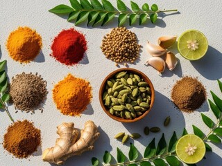 Assortment of vibrant Indian spices laid out on a white background with green leaves for cooking recipe concept and culinary experience