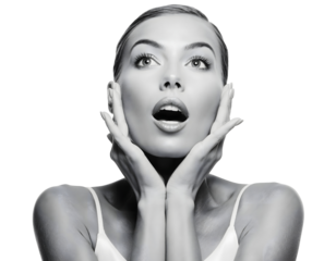 Young Woman with Hands on Cheeks Showing Shock in a Clean Isolated Cutout for Emotional, Reaction, and Conceptual Designs