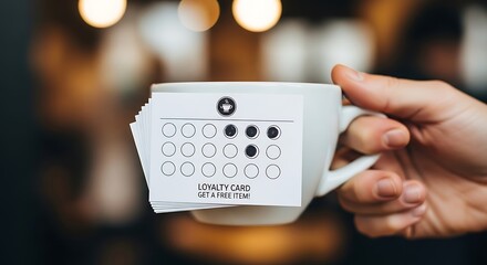 Hand holding a coffee cup with a customer loyalty reward card