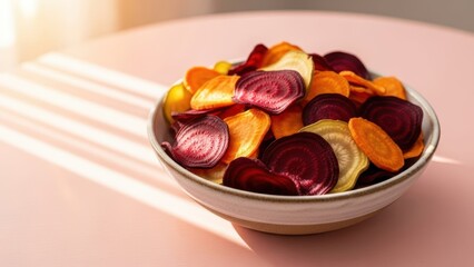 A bowl of colorful vegetable chips, including beet and carrot, for a healthy snack or appetizer. Delicious natural crisp to eat.