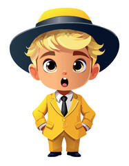 Illustration a British man looks scared, small eyes, wearing yellow suit and a black hat, gold curl hair,