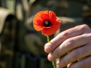 Man holds a red poppy flower symbolizing remembrance and respect for veterans. Commemoration of soldiers, peace, and war memory concept. Memorial Day.