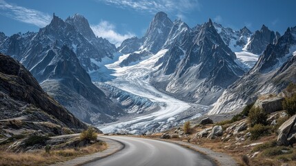 Fototapeta premium A super realistic, wide-angle image capturing a scenic journey on a winding, empty road that cuts through a magnificent landscape of rugged, colossal mountains and a shimmering glacier.