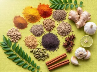 Various cooking herb and spice ingredients on a textured green surface arranged for food preparation. Flat lay view of Indian cuisine components.