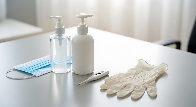 Essential items for personal hygiene and health protection on a table