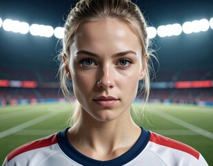 Focused female athlete on a soccer field at night, ready for competition under stadium lights.