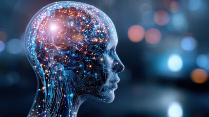 A futuristic digital head showcases intricate circuitry and glowing lights, representing advanced technology and artificial intelligence.