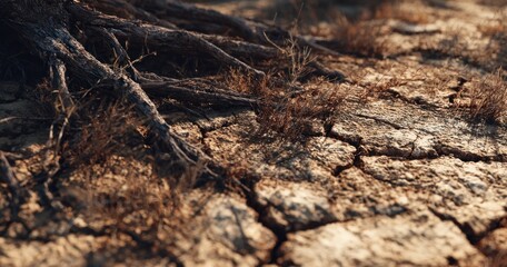 Obraz premium Dry cracked earth and exposed roots closeup detail in natural environment