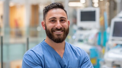 A smiling male healthcare professional in scrubs stands confidently in a modern medical facility.