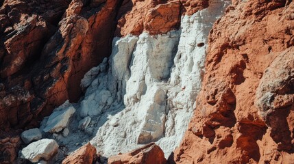 Obraz premium The textured rock formation displays a striking contrast of colors, with reddish-brown and white hues creating a visually captivating and natural geological display under sunlight