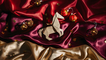Elegant origami horse decoration on rich red and gold satin, illuminated by festive string lights and confetti, capturing the spirit of renewal for a prosperous Lunar New Year 2026