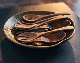 Wooden spoons and forks in rustic plate with warm backlight