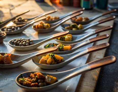 Degustaci&oacute;n de tapas gourmet servidas en cucharas, aperitivos variados en mesa de restaurante