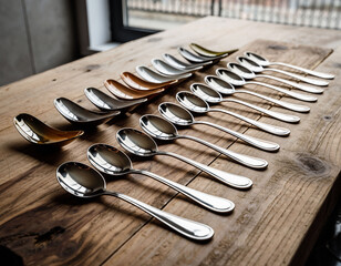 Row of metal spoons neatly arranged on wooden table