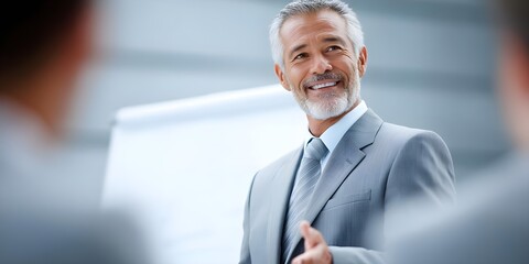 Male business coach speaker in suit give flipchart presentation businessman, boardroom, client, boss, colleague, coaching, business