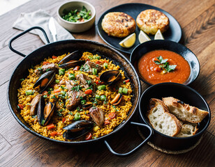 Seafood and chicken paella with Spanish tapas on rustic table