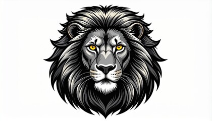Obraz premium Majestic lion head vector mascot with bold black mane and intense yellow eyes, strong symmetrical design ideal for logos, sports teams and branding graphics.
