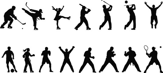 Dynamic black silhouette collection of diverse male and female athletes playing various sports including boxing and baseball.