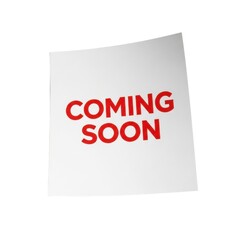 Red coming soon text on white paper isolated on white background