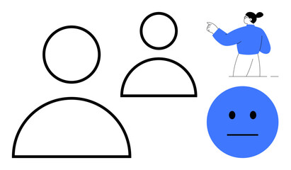 Social connection, emotional expression, communication, personal identity, user interaction, group dynamics. Two outlined user icons, a neutral blue face and a pointing figure. Social connection