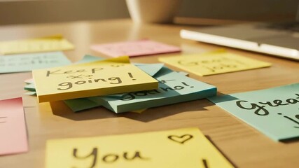 Positive notes affirmations on office desk workplace motivation