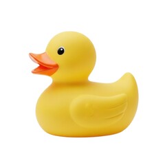 A bright yellow rubber duck with an open beak isolated on white background