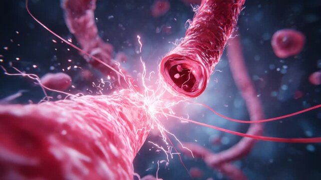 An intricate visualization of cellular structures depicting the dynamic interaction of biological fibers, showcasing the pulsating energy that flows through the intricate network of life.