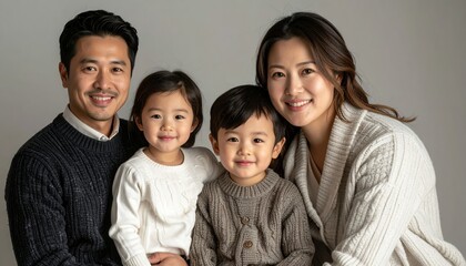 Fototapeta premium Happy Asian Family Portrait with Two Young Children Smiling at the Camera.