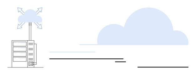 Data server connected to cloud via arrows symbolizing data transfer and networking. Ideal for cloud technology, data management, IT, scalability, storage solutions, communication, innovation. Simple