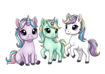 Three adorable lavender, mint, and white kawaii baby unicorn foals featuring flowing rainbow manes, large reflective eyes, set on clean studio white. Concept of playful magical childhood