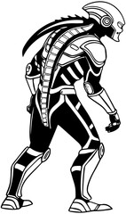 Cyborg Silhouette &ndash; Futuristic Figure with Spinal Appendage and Segmented Armor in Ready Pose