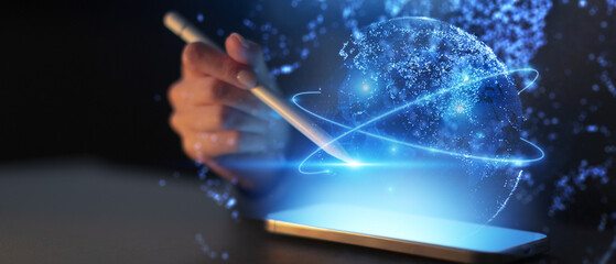 Global Digital Connectivity and Communication Technology Illustrated on a Virtual Interface.