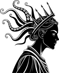 Mythic Silhouette – Regal Woman with Tentacle Hair and Spiked Crown in Draped Garment © Rezowan 
