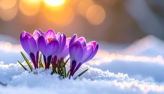 Purple crocus blooms emerging from snow