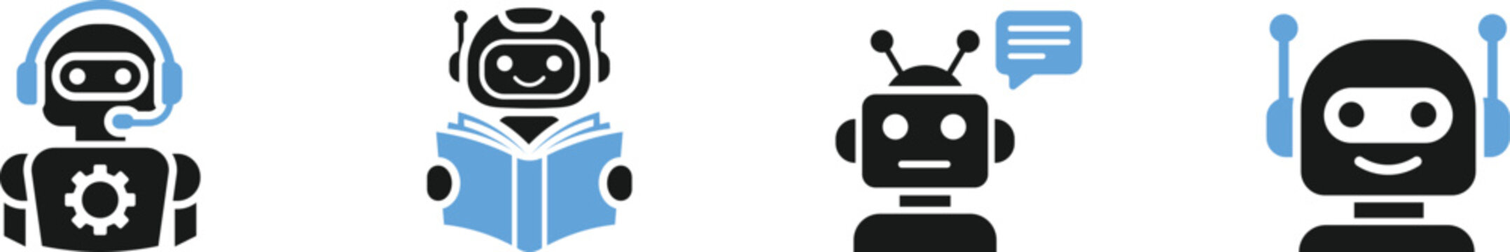 ai chat bot avatar flat icon set featuring virtual assistant character, robot, face, customer, support, agent, and smart service mascot vector symbols