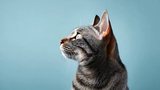 Adorable grey tabby cat with beautiful green eyes looking up curiously, slowly turning its head from a frontal view to a perfect profile against a solid light blue background in a studio