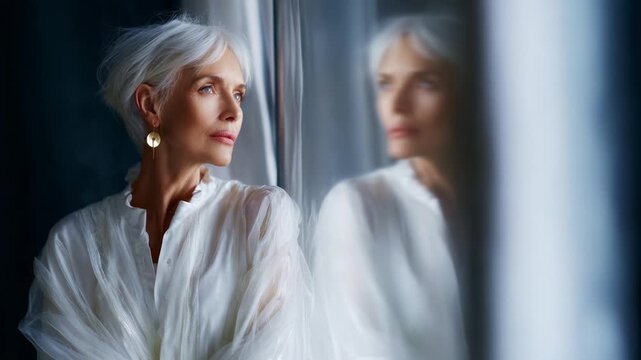A Graceful Portrait of an Elegant Older Woman with Silver Hair, Gazing Thoughtfully in a Brightly Lit Room, Capturing Timeless Beauty and Poise in a Serene Moment