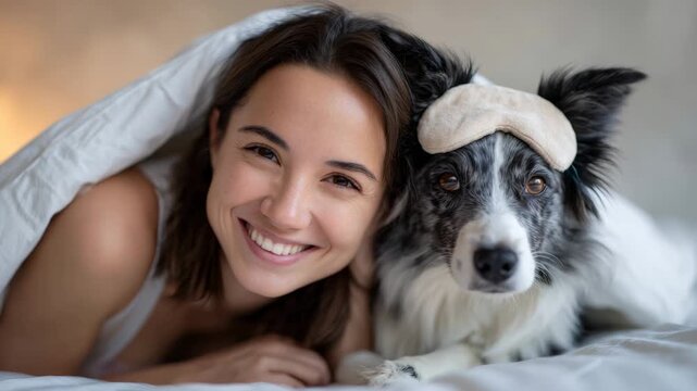 Adorable portrait of a beautiful smiling woman having fun in bed with her cute dog wearing a sleeping mask, both lying together under the warm duvet while looking at the camera