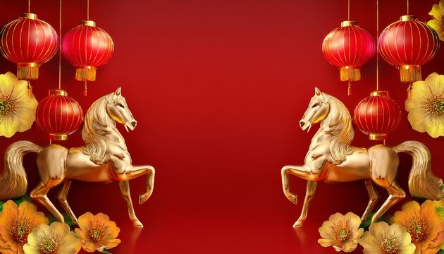 golden horses standing with gold flowers and chinese lantern on each side; red background - Powered by Adobe