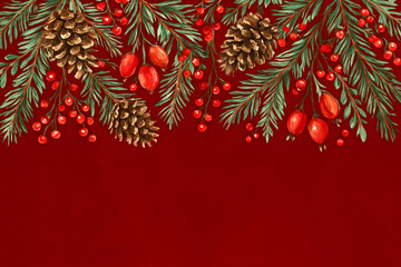 赤い背景に松ぼっくりとベリーのクリスマス水彩イラスト（文字なし）