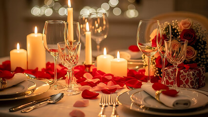 Romantic dinner setup with candles, rose petals, and wine glasses, perfect for Valentine's Day or anniversary celebration