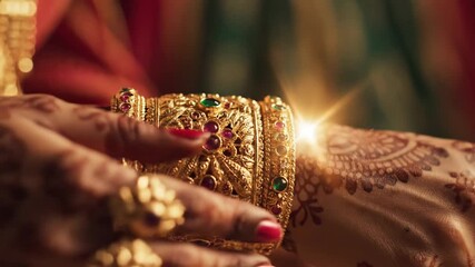 An intricately designed gold bangle with red and green gems on a henna-decorated wrist