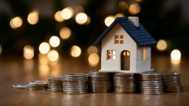3Miniature wooden cottage balancing precariously on stacks of shiny coins, warm lighting highlighting economic metaphor of inflated housing prices