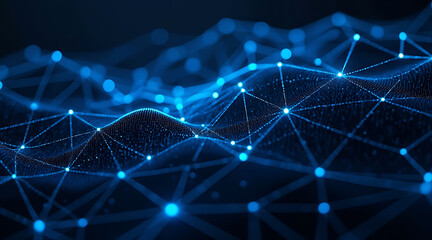 Abstract digital landscape of interconnected nodes and lines representing a futuristic network and data flow concept