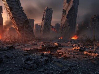 Post apocalyptic destroyed city with rubble and burning buildings at sunset