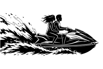 Dynamic black and white illustration of a couple on a jet ski, racing through water with powerful splashes. Perfect for summer water sports, vacation adventures, and thrilling aquatic leisure