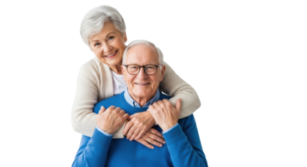 elderly caucasian couple, 70s, smiling, woman embracing man (cardigan/sweater) against bright white studio cyclorama background with copy space. concept of lifelong love and retirement