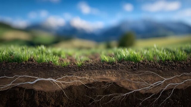 5Bright daylight shot showing green grass sprouting from layered fertile earth, underground root system visible through transparent soil layers